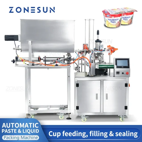 ZONESUN ZS-FS600 자동 아이스크림 컵 공급 필링 씰링 기계, 요구르트 땅콩 버터 소스 포장 올인원 기계 