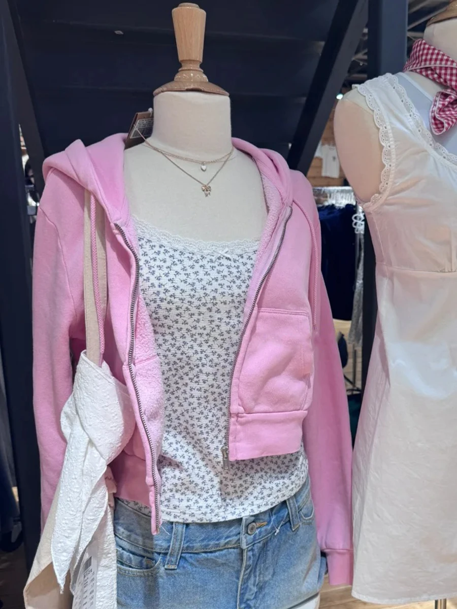 Hoodie Pink Baru Wanita Musim Gugur Slim Zipper Tali Serut Hoodie Lengan Panjang Katun Sweatshirt Gaya Prppy Manis Crop Top Lucu