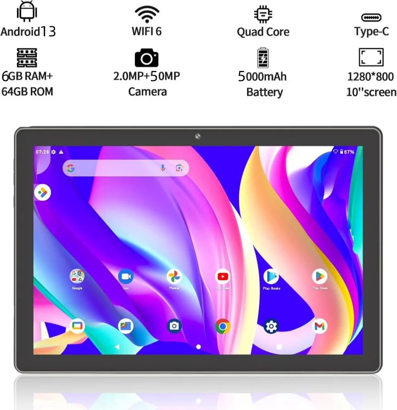 최신 10.1인치 K11 안드로이드 13 태블릿 PC T10 6GB RAM 64GB ROM CPU SC7731E 쿼드 코어 1280 X 800 IPS 화면 WIFI 타입-C