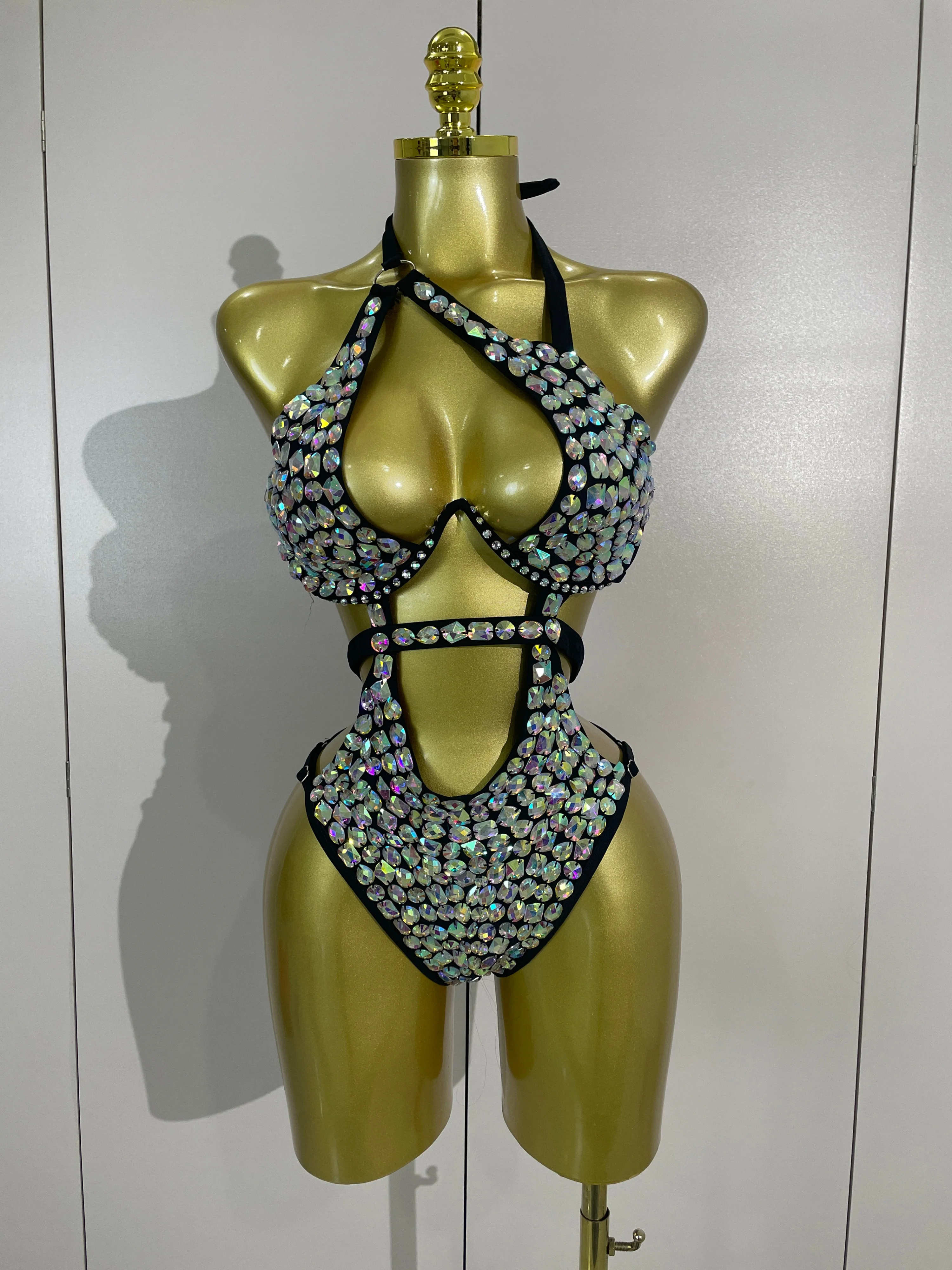 

2026 Fashion Sexy Sparkly Diamonds Swimsuit Bar Bikini Women Crystal Handmade One-piece Bodysuit Swimsuit Stage Photoshoot Wear