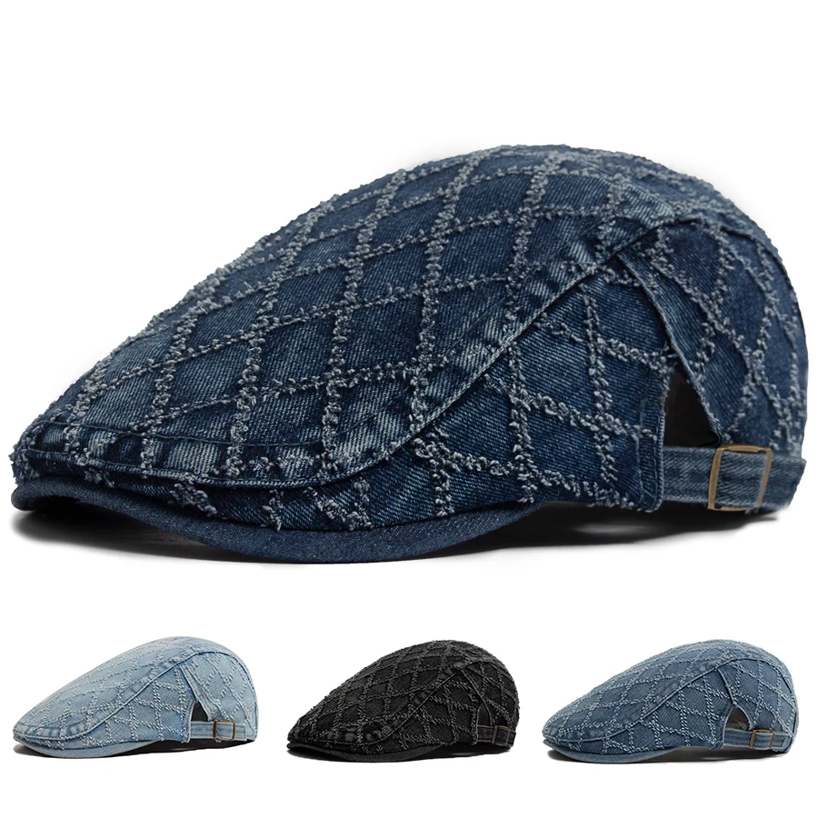 Denim xadrez vintage masculino boinas de algodão lavado boina feminina retro casual cor sólida boné plano verão viseira de sol boné ajustável