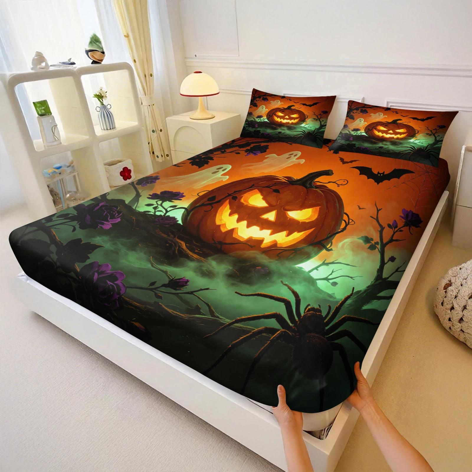 Halloween Pumpkin Ghost Spider - đánh giá và giá Bed Sheet Microfiber