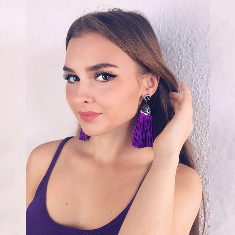 Women Bohemian Crystal Long Tassel Dangle Earrings For Girls Black Red White Silk Fabric Drop Earring Woman Accessories Jewelry