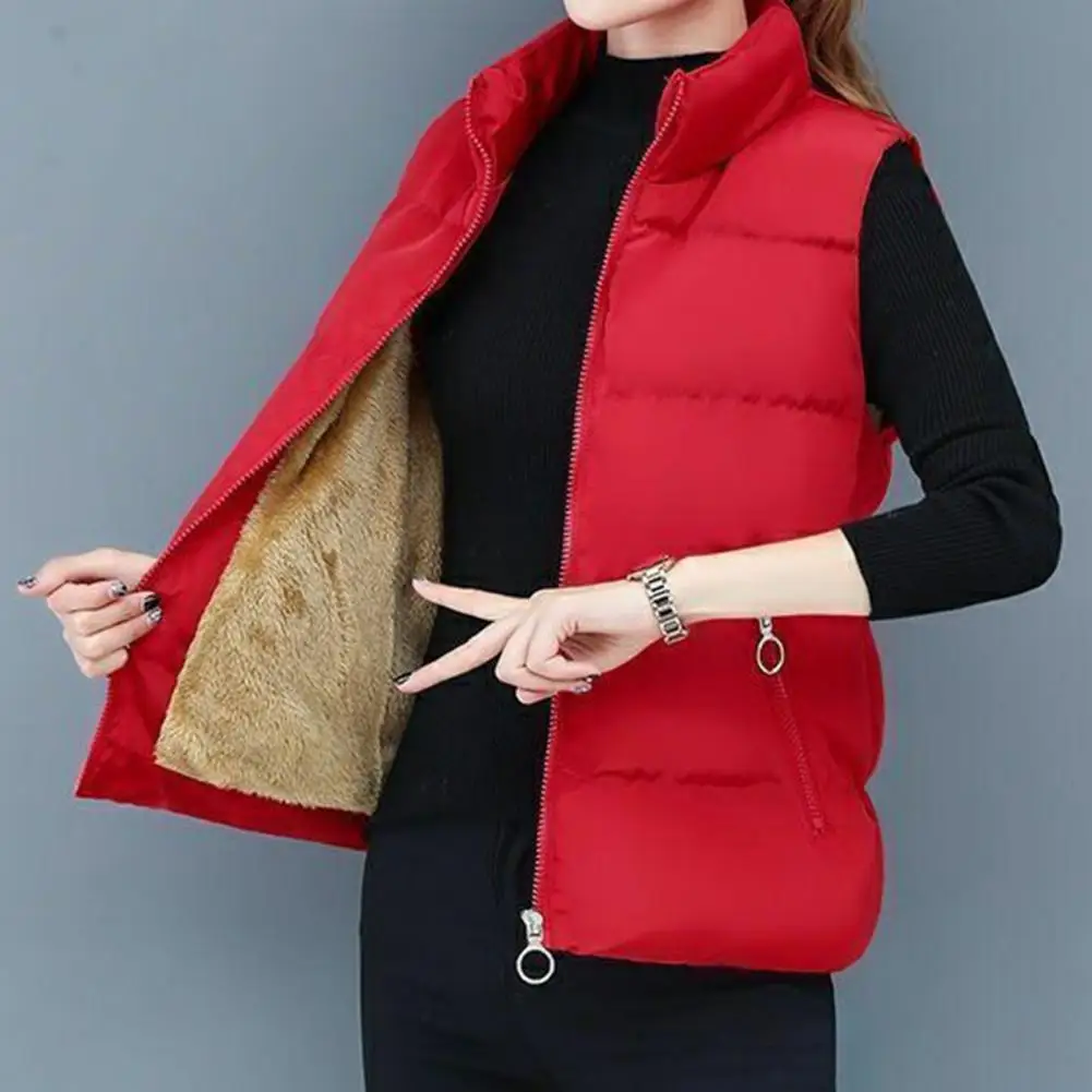 Women Vest Cotton Padded Stand Collar Slim Fit Sleeveless Jacket Autumn Winter Plush Lining Waistcoat Streetwear