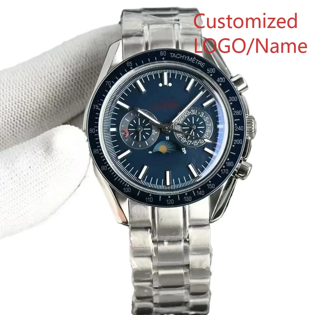 Роскошные автоматические механические часы MoonPhase из нержавеющей стали, черный, синий, керамический безель, сапфировое стекло, 42 мм по индивидуальному заказу