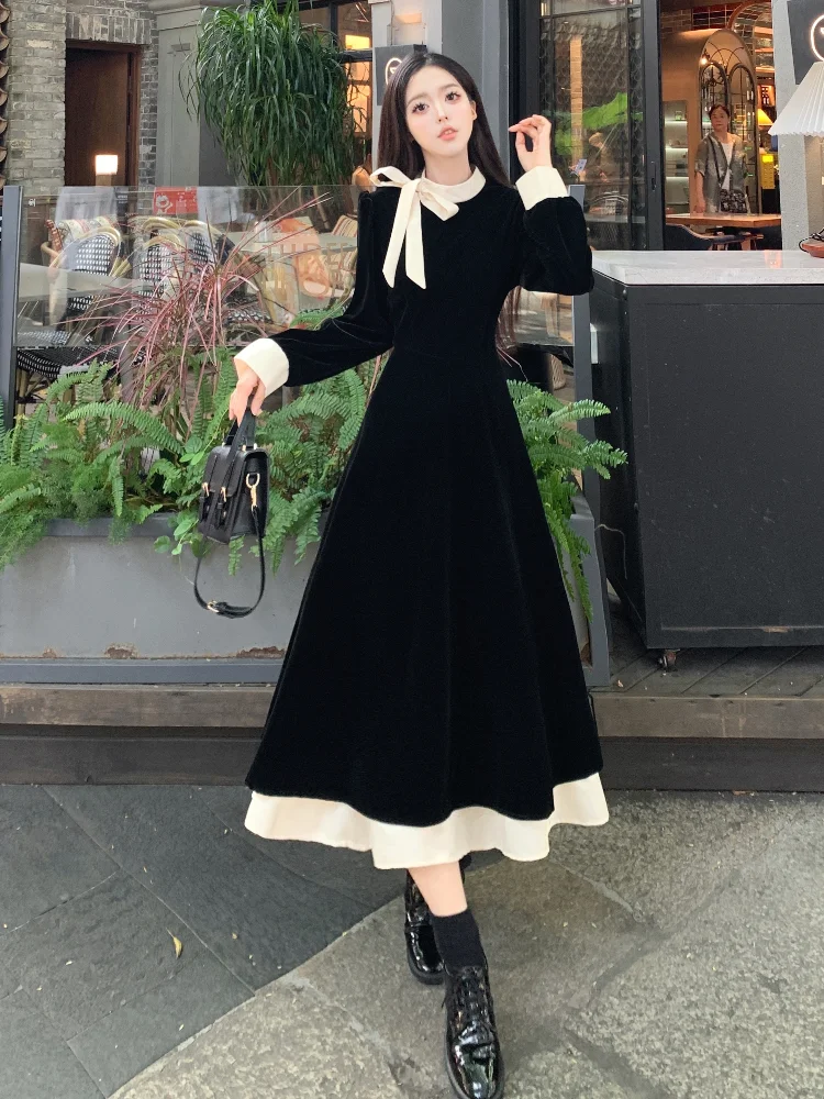 2024 French Elegant Retro Splicing Women\'s Mid-length Evening Dress Spring and Autumn Fashion Color Collision Collar Bow Dresses