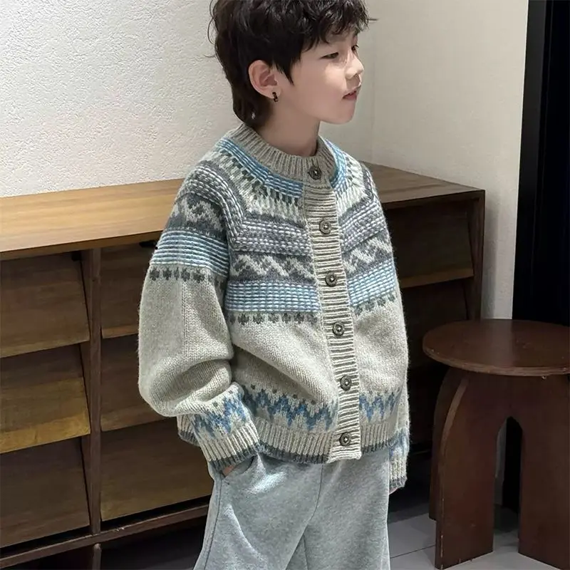 Boys Knitted Cardigan Sweater 2026 Spring Autumn Jacquard Design Casual Outerwear Kids Long Sleeve Top Coat