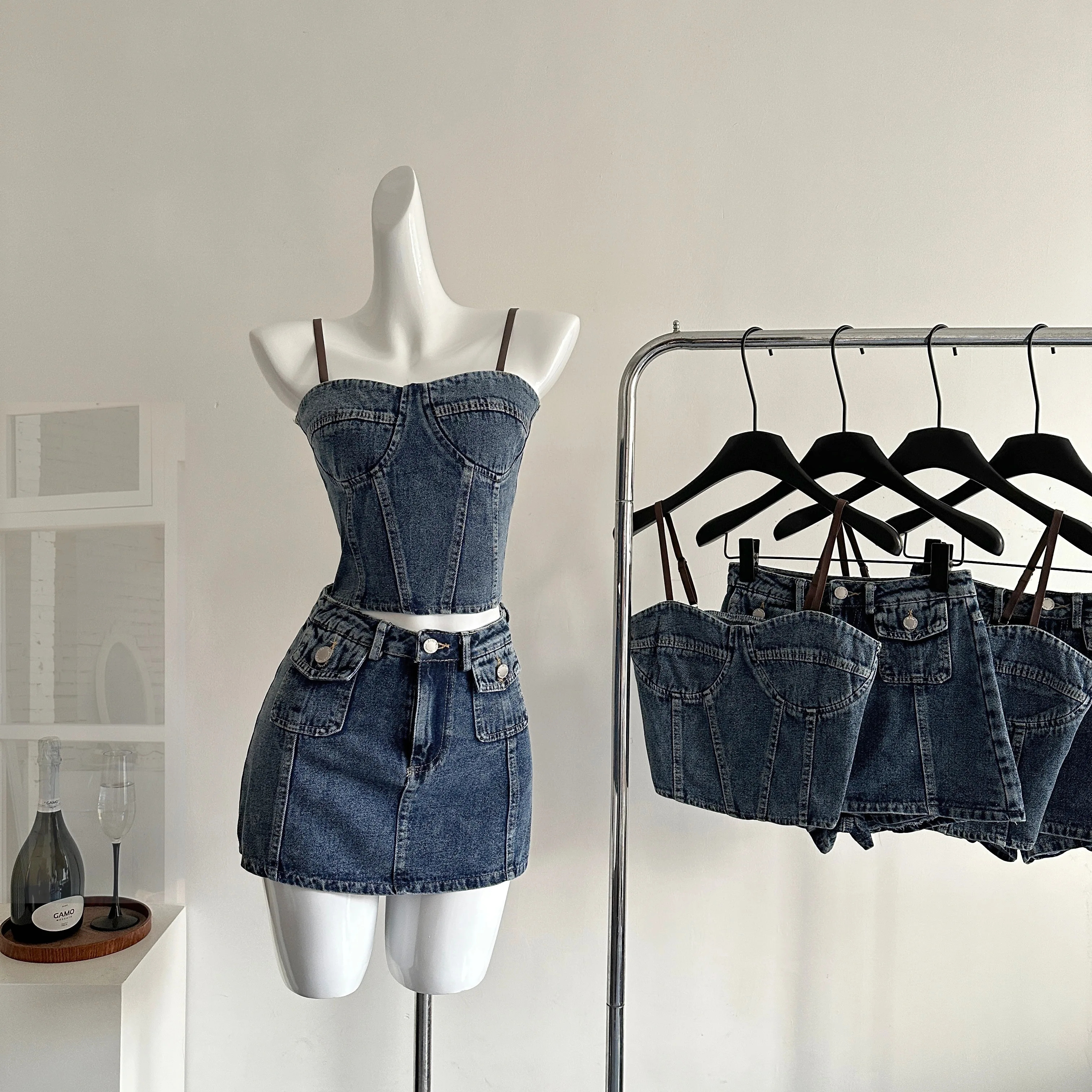 

Summer Women 2000s Aesthetic Gyaru Coquette Y2k Idols Kpop Rave Denim Outfits 2 Piece Set Camisole + High Waist Mini Skirt New