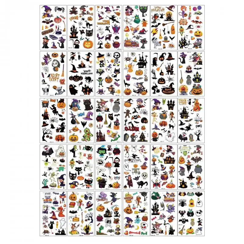 30Pcs/set New Halloween Pumpkin Temporary Tattoo Stickers Bat Ghost Horror Tattoos Stickers Waterproof Funny For Party Gift