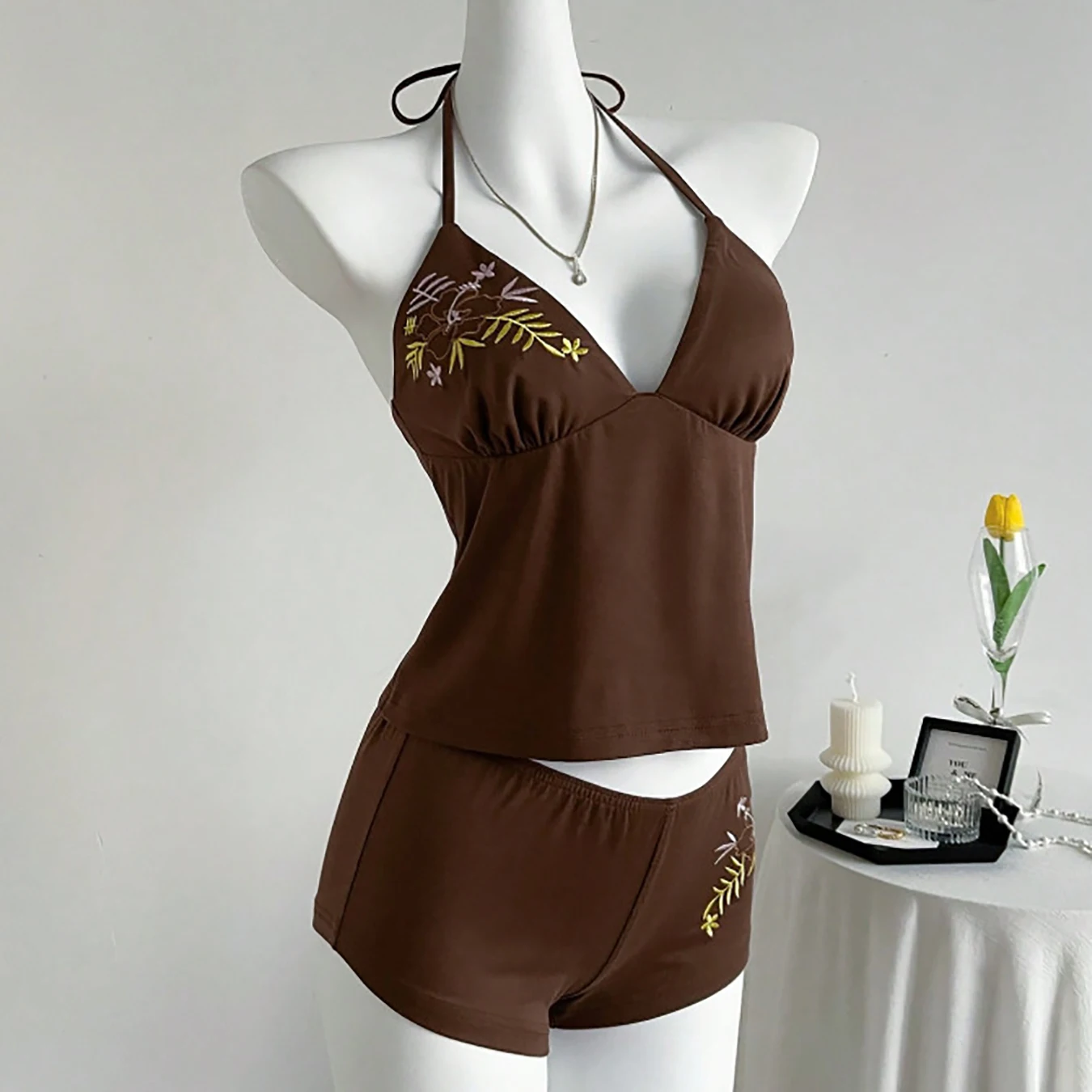 

Summer sexy hot girl retro versatile lace up top women's embroidered flower lace up two-piece set