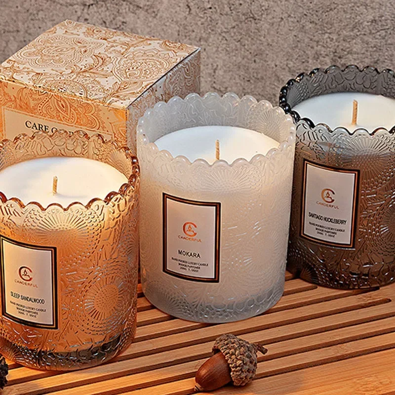 Lace Embossed Scented Candle Cup Soy Wax Glass Cup Home Bedroom Living Room Air Fresh Fragrance Ornaments