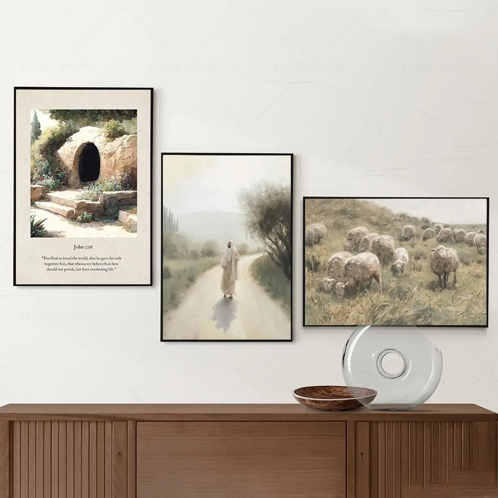 معرض كريستيان جدار الفن المخلص يسوع المشارك إيمانويل طباعة الأغنام رعي المشهد قماش اللوحة البلد غرفة المعيشة ديكور