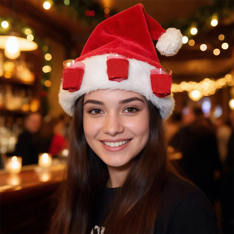 Chapeau de Père Noël doux, rouge vif, design interactif, chapeau de fête avec gobelets, tissu léger, bande élastique, bonnet de fête