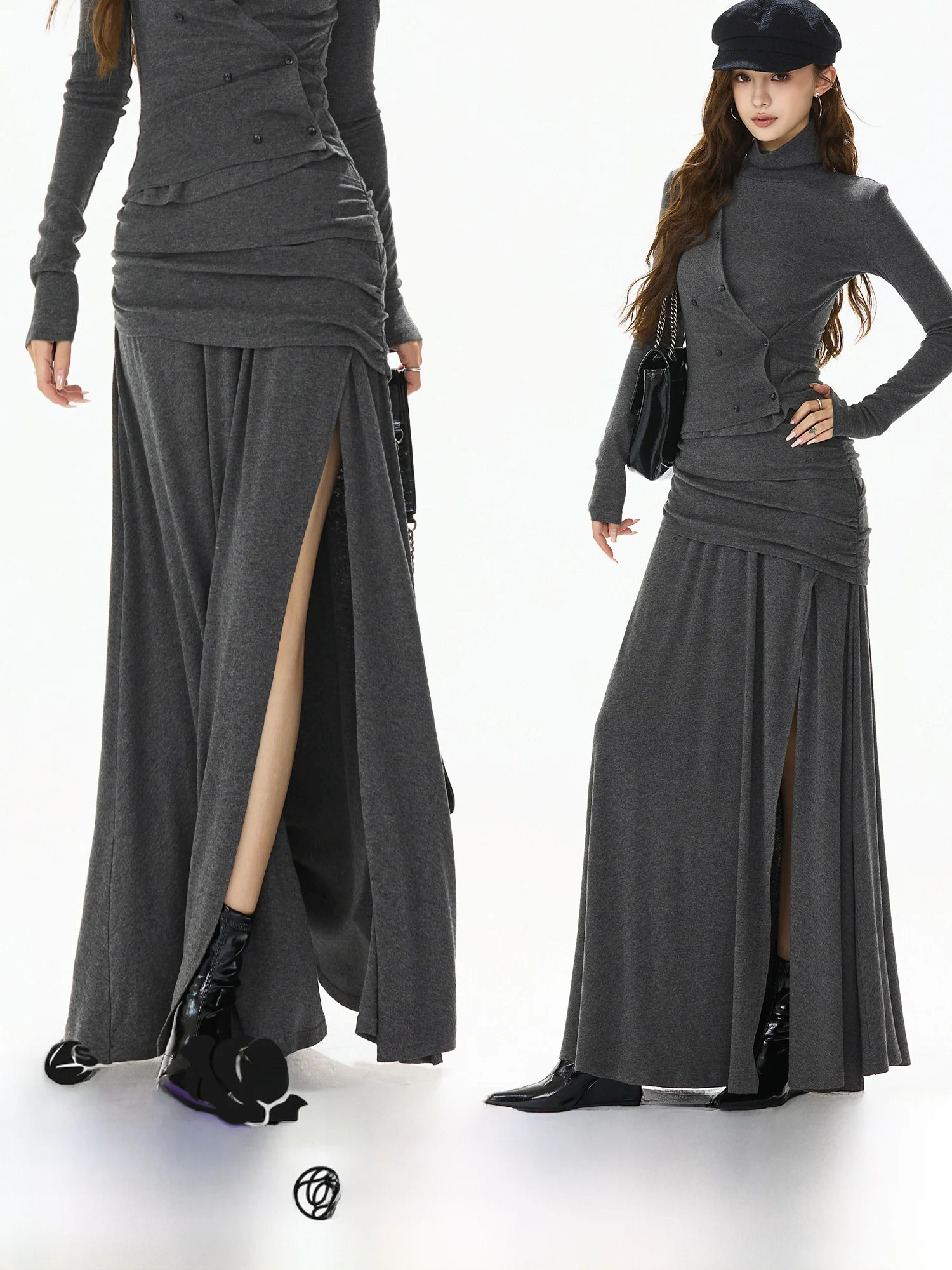 

CYNR оригинальный дизайн, трикотажная юбка трапециевидной формы с высокой талией, сексуальная плиссированная длинная юбка с боковым разрезом для женщин Busin Ci Commuting