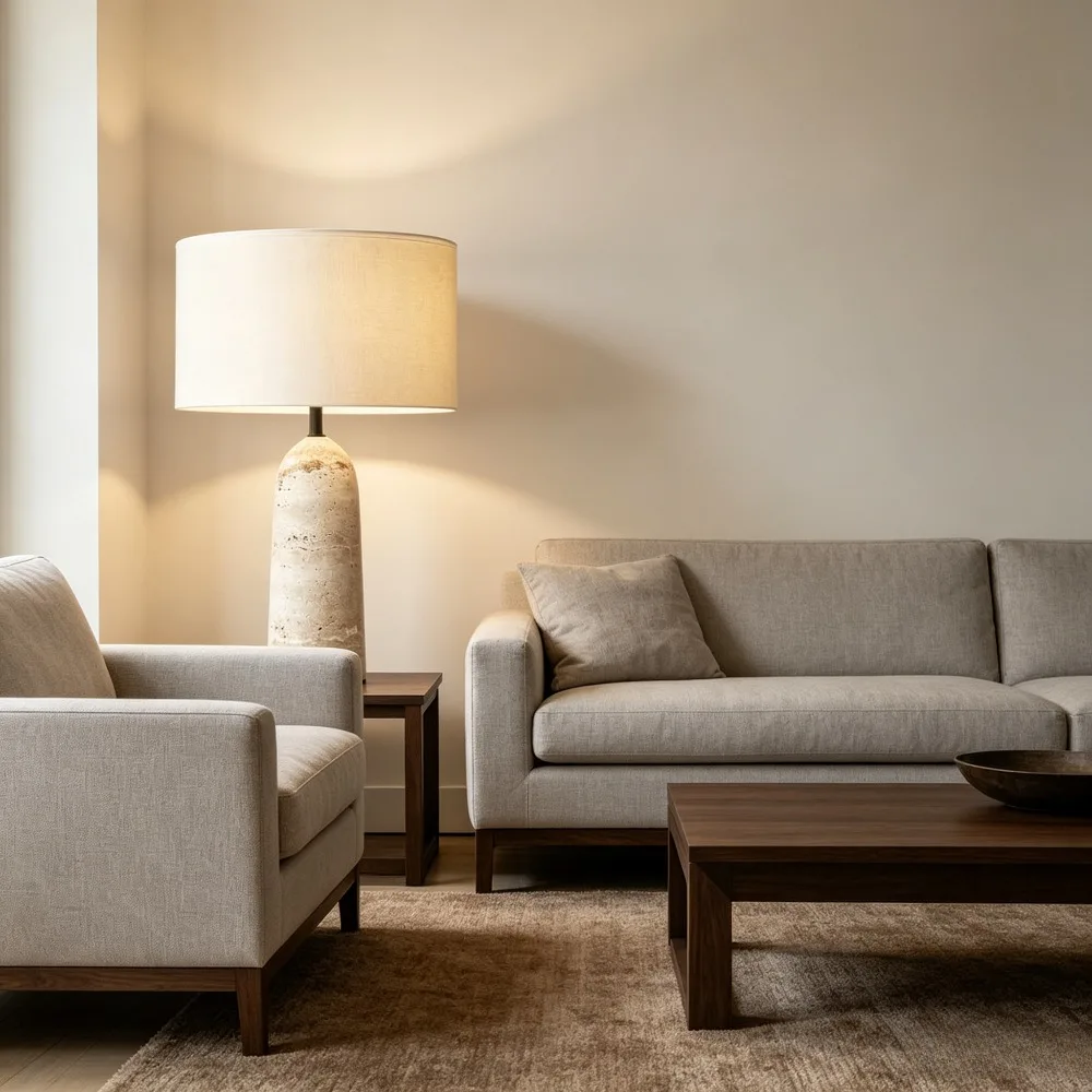 Japanese Wabi-sabi Yellow Travertine Base LED Table Lamp White Fabric Lampshade Living Room Bedroom