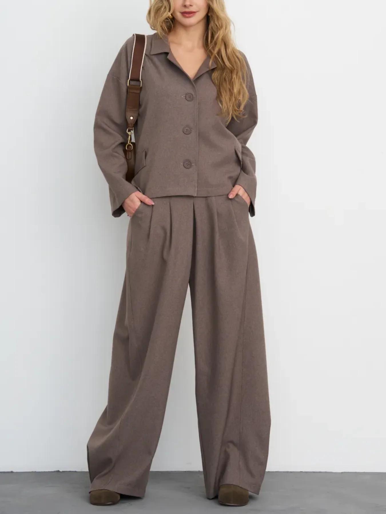 

Women's Brown Lapel Blazer Loose Set, Elegant Commute Casual Wide-Leg Pants Two-Piece Outfit
