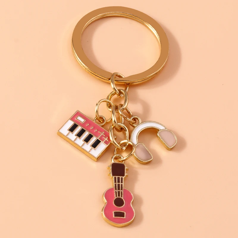 Cute Enamel Mini Musical Instruments Keychain Piano Guitar Keyring Pendantsfor Women Girls Handbag Accessories DIY Jewelry Gift