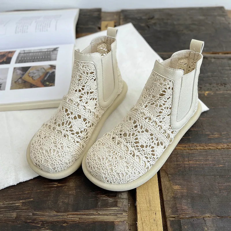 Careaymade-Genuine leather Mesh lace fisherman's shoes,cotton linen literary women's shoes,soft soled soft faced beach shoes