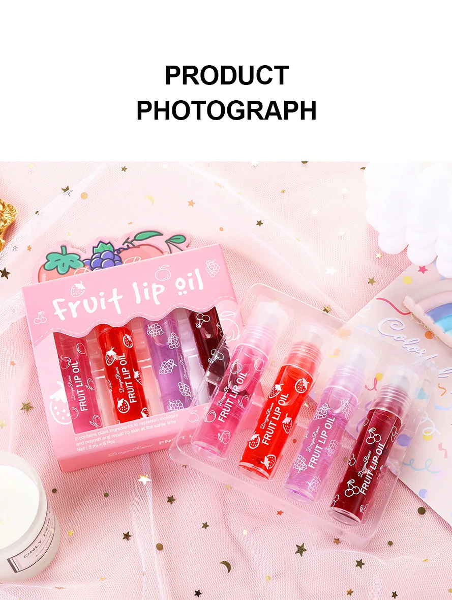 4 Pcs Clear Fruit Lip Oil Lip Gloss Non-Stick Cup Long Lasting Lip Liquid Lipstick Kit For Women And Girlsk Lip Care Lip Gloss