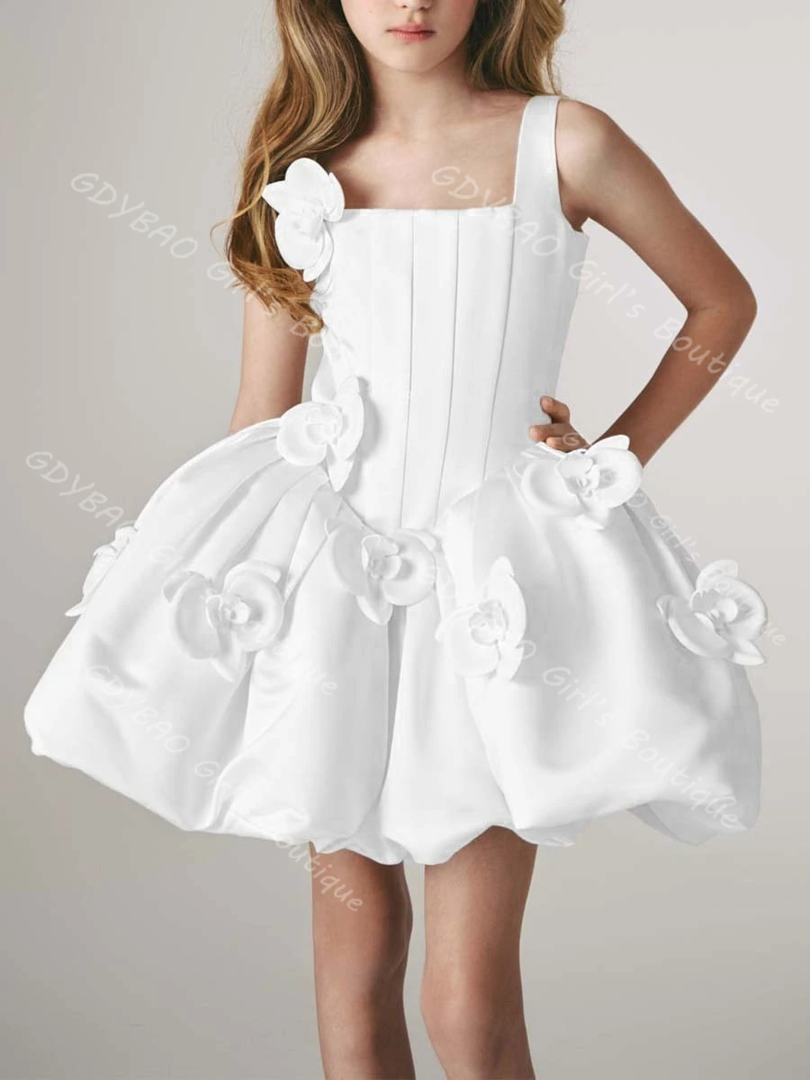 Vestido de niña de flores de color marfil para boda, Mini tutú esponjoso con flores en 3D, vestido de desfile de princesa con tirantes finos, vestido de fiesta personalizado para niños