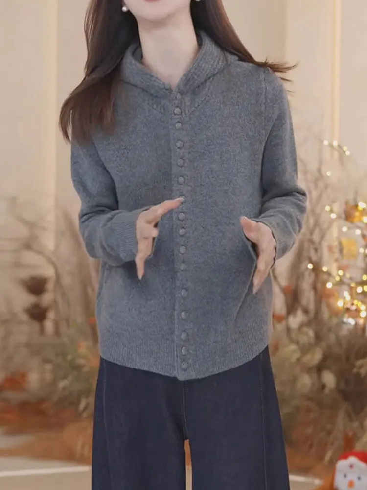 Cardigan lavorato a maglia con cappuccio in puro colore coreano Sle Lungo Sve Top da donna casual Agel Chic Faion Design Capispalla per il tempo libero