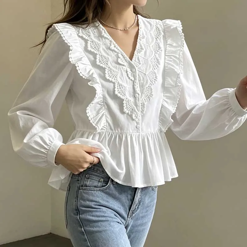 Spring Autumn Lace Blouse 2026 Fashion Long Sleeve Elegant Ruffles Women Shirts V-neck Solid Color Loose Casual Button Sweet Top