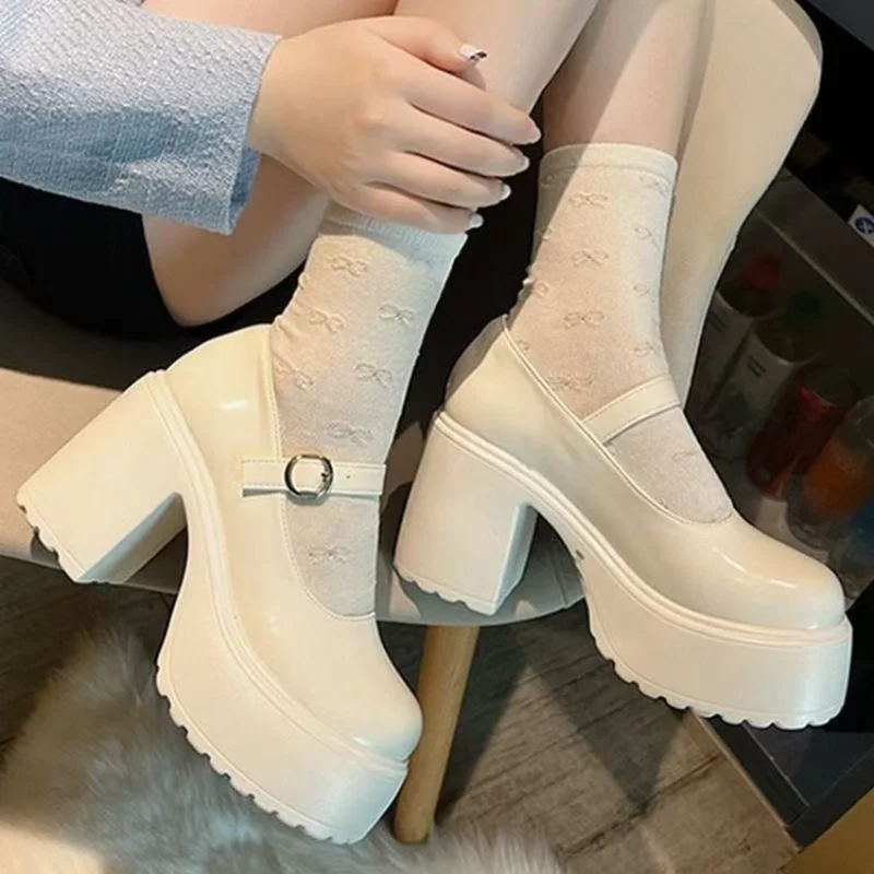 Women Fall Cream One Strap Block Heel Platform Mary Jane Shoes JK Lolita Height Increasing Student Dress Heels