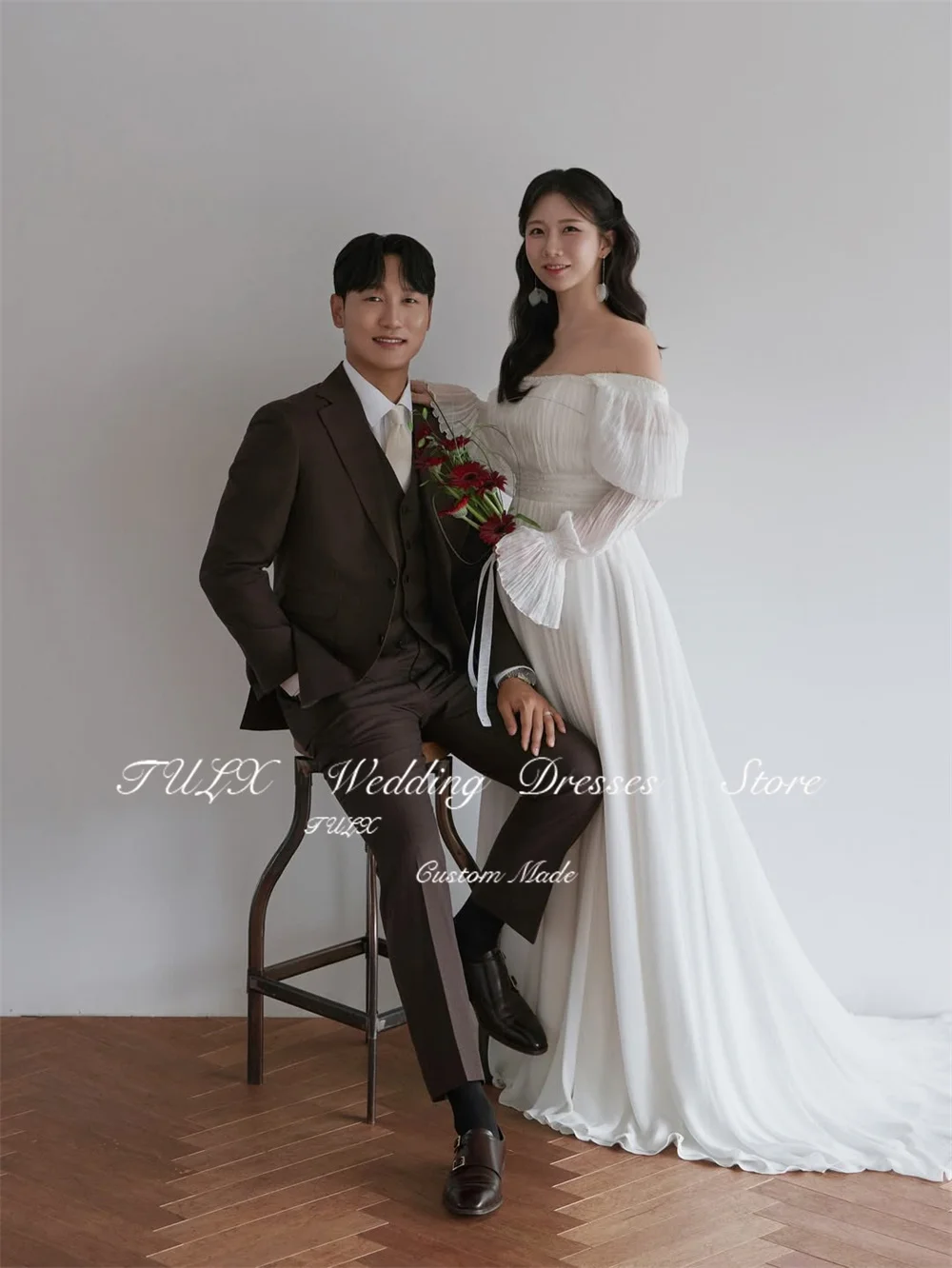 TULX Avorio Chiffon A line Abito da sposa lungo Corea Servizio fotografico Colletto quadrato Manica lunga Abiti da sposa Personalizzato Garona 2026