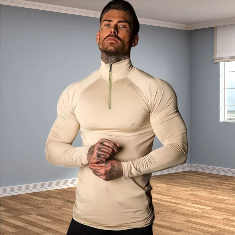 Men Tight T-shirt Gym Running Exercise Elastic Long Sleeves Sweatshirt half zip High neck Tops Fitness Compression Sport T-shirt view 3