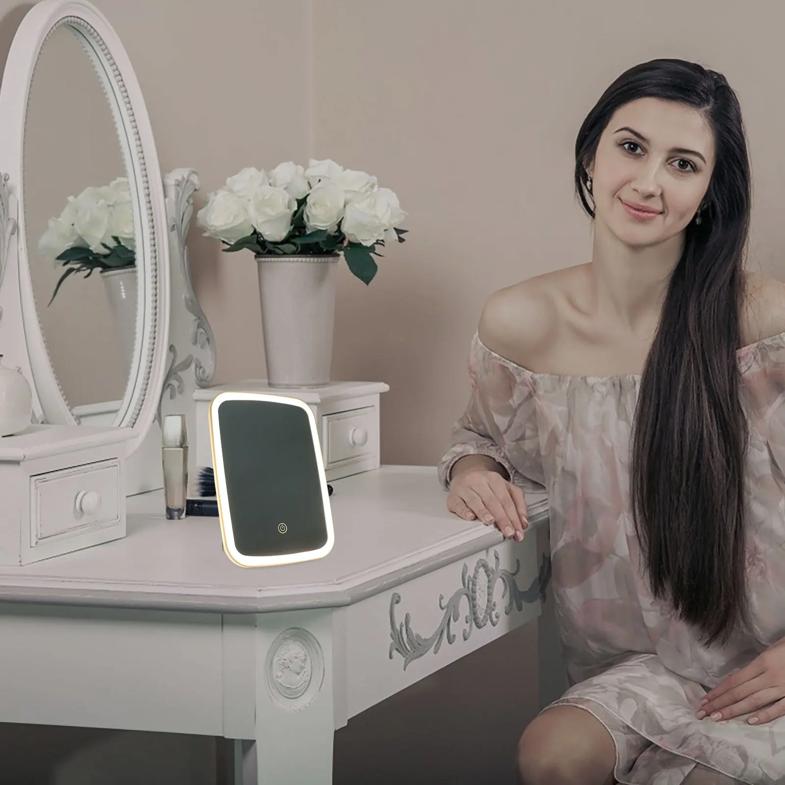 Portable Foldable Makeup Mirror Adjustable Soft LED Light Travel Vanity Desk Lighted for Makeup