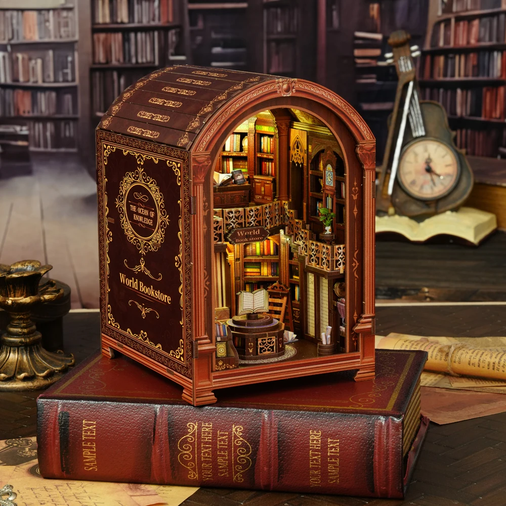 

Retro DIY Wooden Book Nook Figurines Miniatures Kits Wanguo Bookstore Bookshelf Home Bookend Decoration For Adult Handmade Gifts