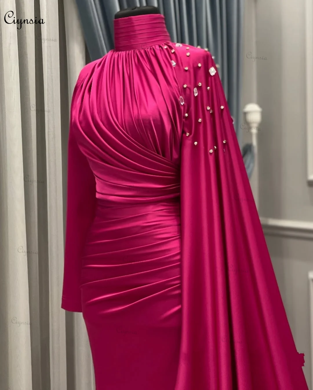 Customized Abendkleider Muslim Formal Dress 2025 Mermaid Full Sleeves Evening Gowns for Women Crystal Silk Satin Robes De Soirée