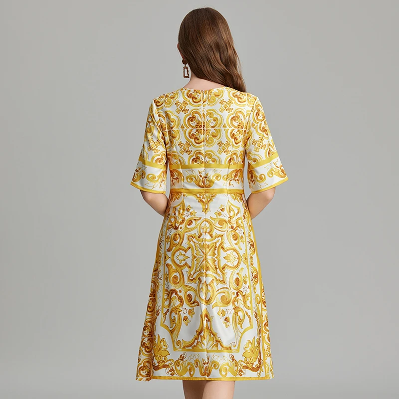 Runway Boho Women Round Collar Flower Print A Line Clothes 2024 New Summer Yellow And White Porcelain Flare Sleeve Holiday Dress