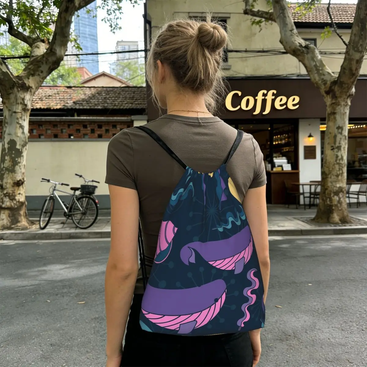 Blue Deep Sea Jellyfish Whale Pattern Backpacks Casual Drawstring Bundle Pocket Sundries Bag Book Bags for Man Woman Students