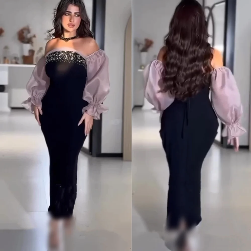 

Customized Exquisite Jersey Sequined Pleat Straight Off-the-shoulder Midi Dresses Bespoke Occasion Formal