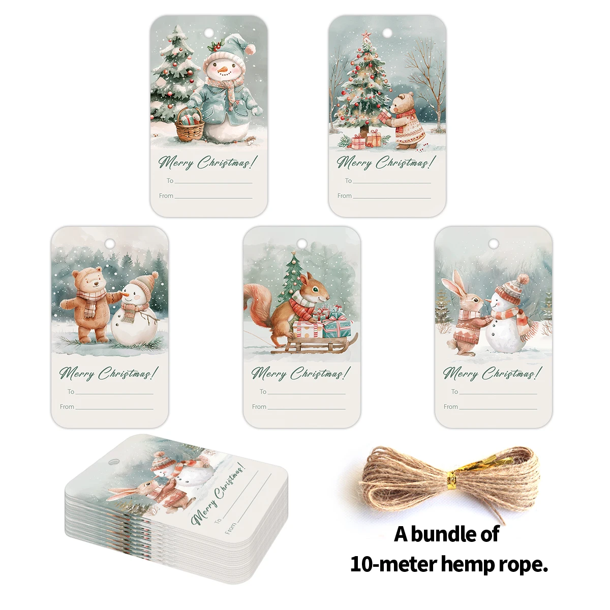 50 Stück Weihnachtsanhänger zum Aufhängen, Motiv: Schneemann, verschneite Szene, Beschriftung, Geschenkverpackung, DIY-Bastelkarte, Party-Weihnachtsbaumdekoration – Detail 5