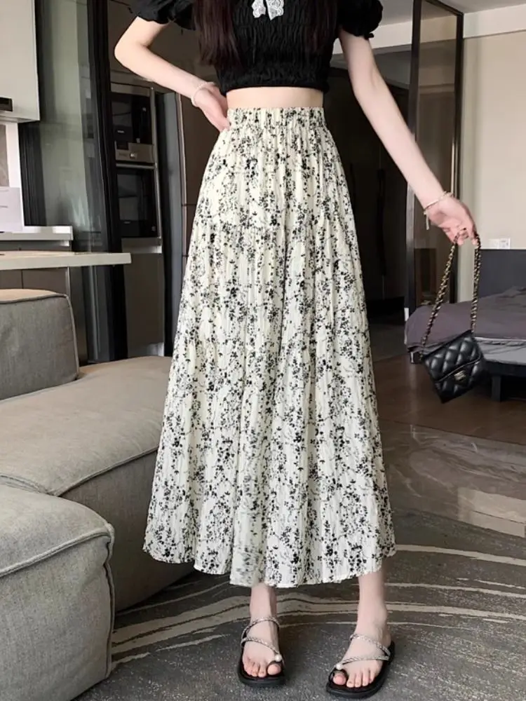 Spring and Summer High Waisted A-Line Mid Length Pleated Umbrella Skirt with Floral Patterns Large Swing Half Skirt for Women