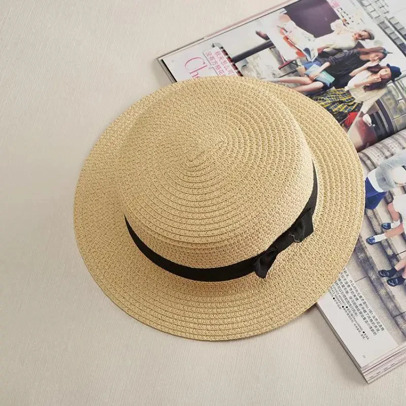 COKPanama Simple Summer Beach Sun Protection Bowknot French-style Small Hat Women's Casual Flat-Brimmed Straw Hat with Bow