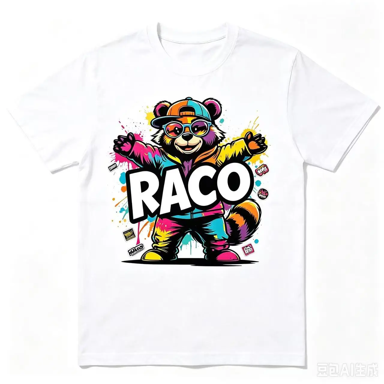 Unisex Colorful Graffiti Raccoon RACO Cartoon Graphic T Shirt Men Women Hip Hop Streetwear Paint Splash White Short Sleeve Casual Tee
