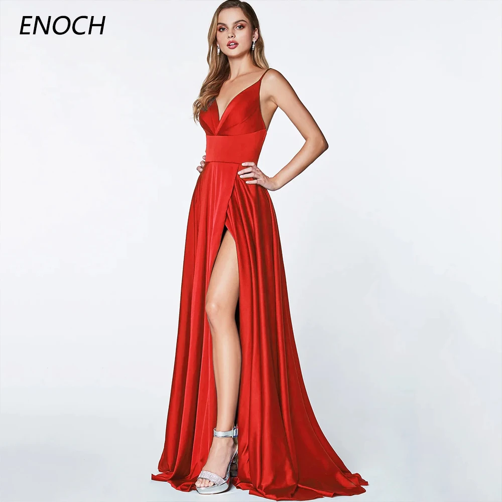 ENOCH Simple A-Line Evening Dresses V-Neck Spaghetti Straps Backless Zipper Pleat Prom Gown Sexy Side Slit Vestidos De Gala New