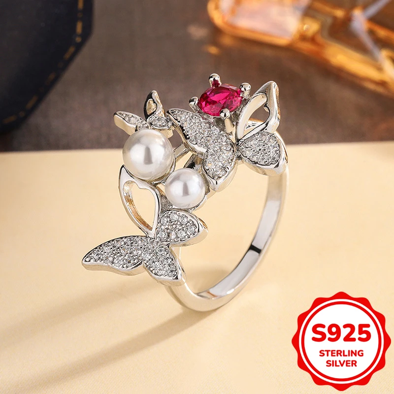 

Креативный аутентичный бант из стерлингового серебра S925, полный бриллиант, жемчуг, рубин с четырьмя когтями ​ ​ Парное кольцо, женское обручальное подарочное ювелирное изделие