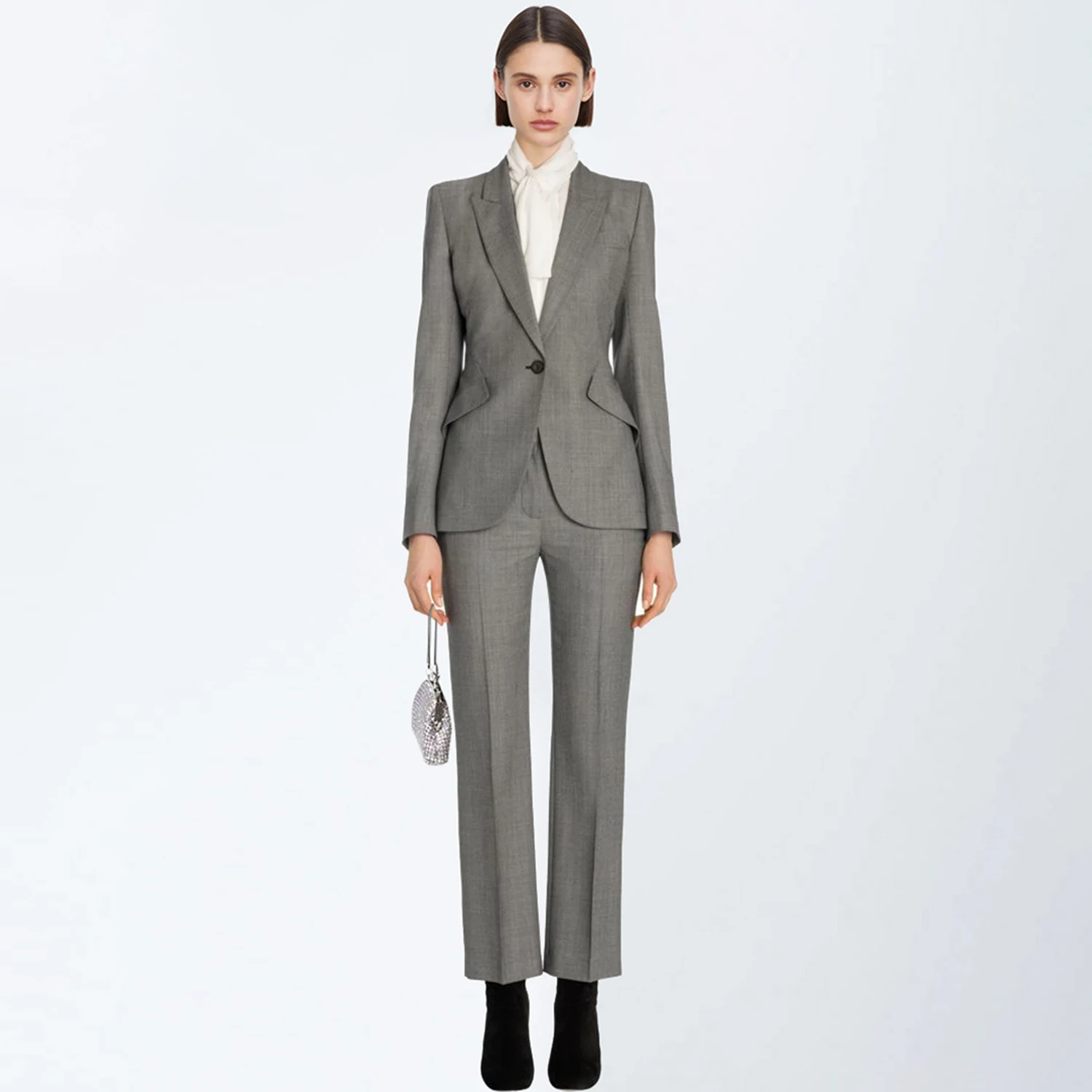 Allingentle Gray Pantsuit Women's 2 Piece Suit Set Business Peak Lapel Blazer Party Office Work Outfits Customize