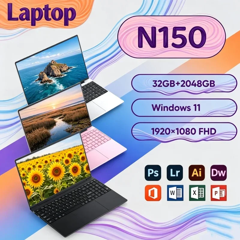 Intel Core N150 15.6 Inch Gaming Laptop 32GB RAM 2TB SSD Fingerprint Unlock WiFi 6 4K Ultrabook Pro Nimble Performance