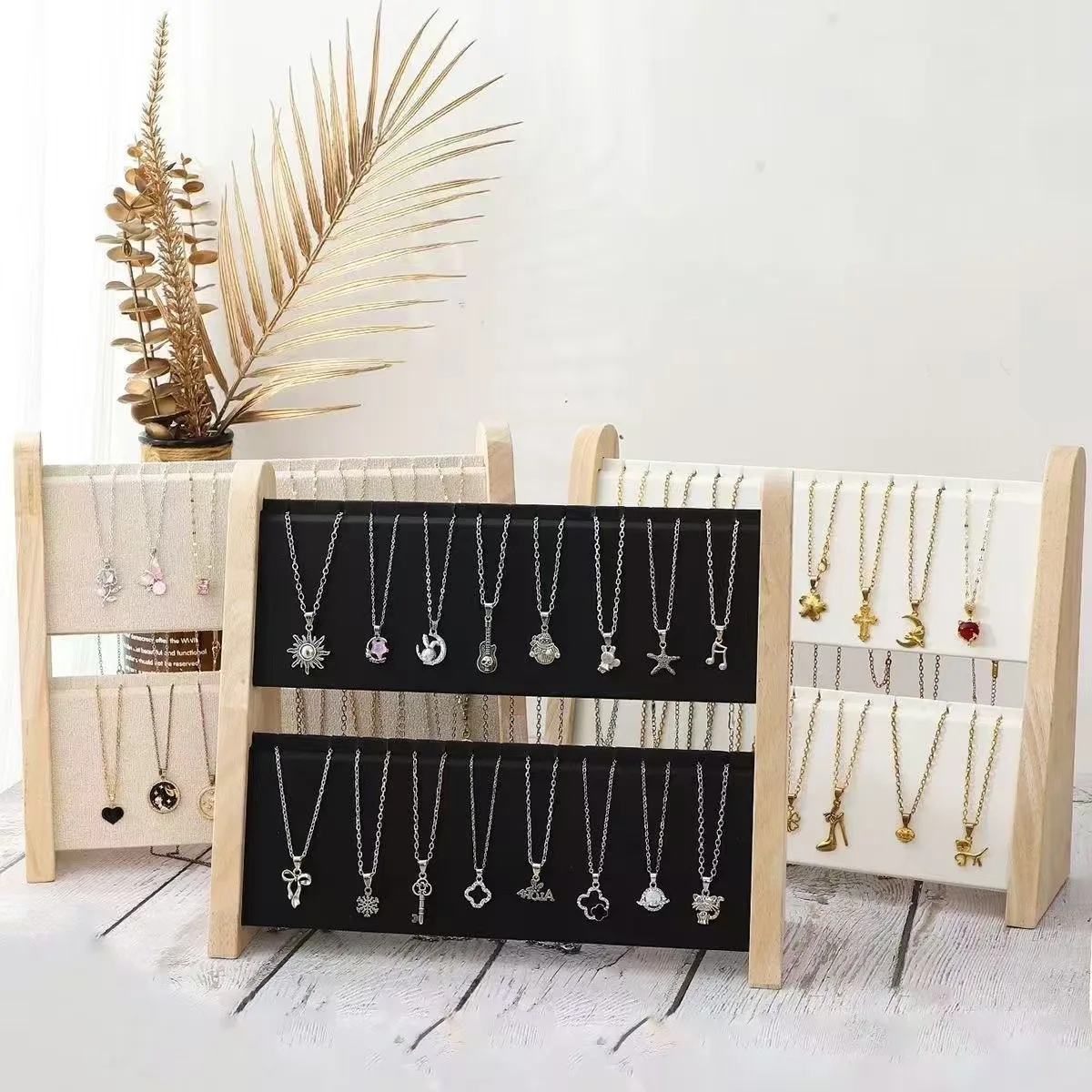 

2 Layer Wooden Jewelry Display Stand with Velvet/PU Soft Mat - Necklace Pendant Storage Holder for Window Counter & Trade Show
