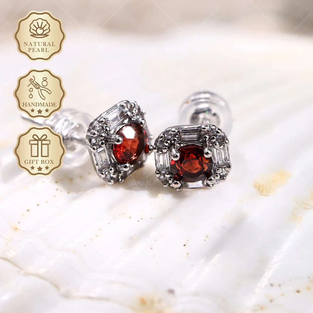 Mysoya Silver Square Stud Earrings Garnet 4mm 0.68ct Gift Box January Birthstone Birthday Jewelry SC48