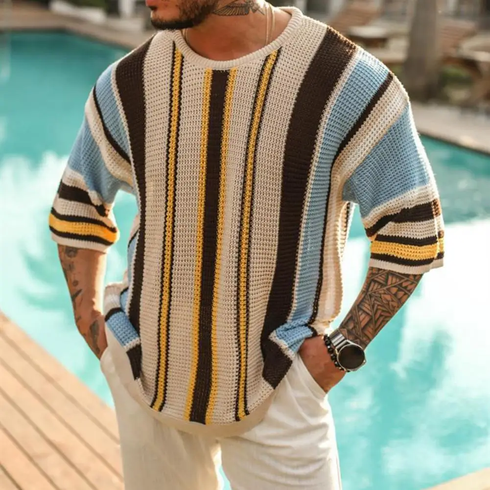 Men Sweater Striped Print Round Neck Knitted Half Sleeve Color Matching Loose Pullover Elastic Anti-shrink Summer Fall Spring