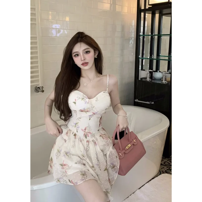 French Sexy Spicy Girl Slim Cut Floral Suspender Dress 2023 Summer Women's Clothing  Waist Shows Thin Temperament A-line Skirt