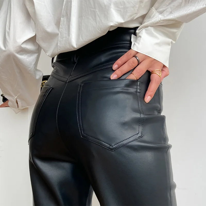 100% Genuine Leather Pants Women Simple High Waist Oblique Pocket Long Straight Leg Pants Sheepskin Slim Casual Calças Femininas