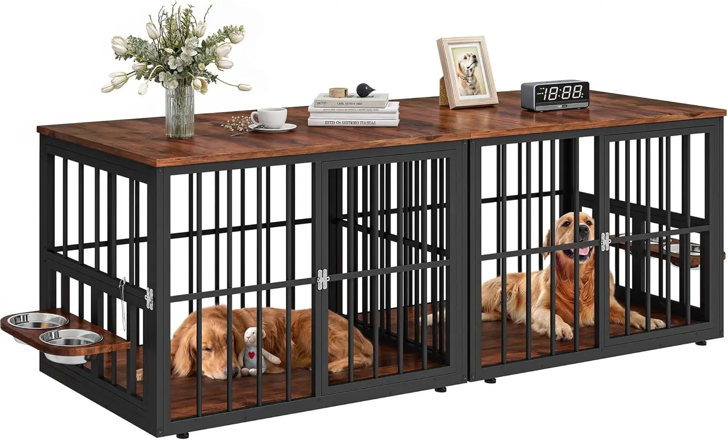 

88.6' Large Dog Crate Furniture, Wooden Dog Kennel with Bowls & 3 Doors, Double Crate Furniture TV