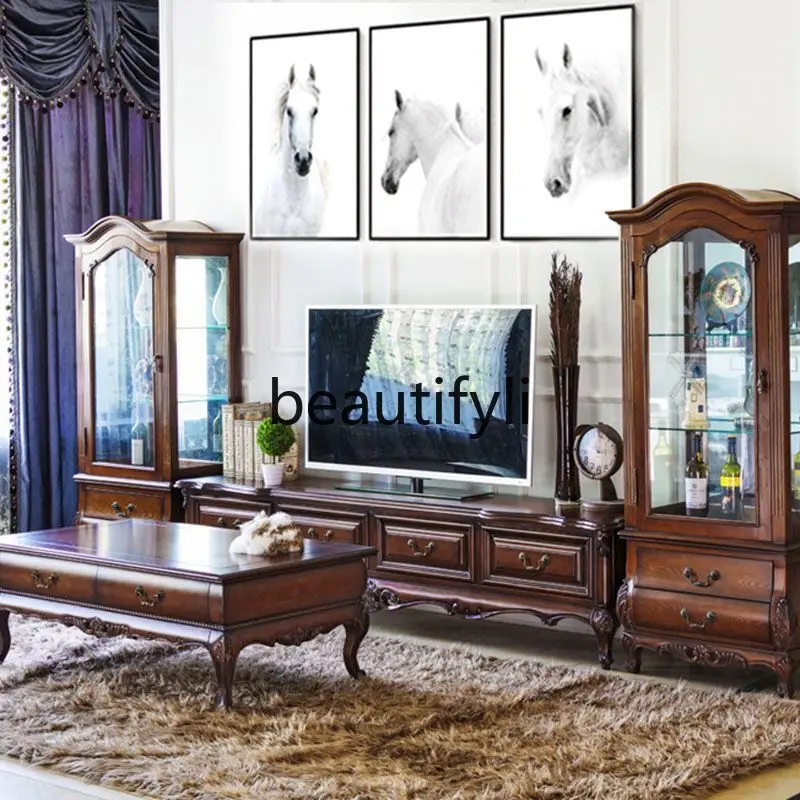 خزانة تلفزيون من الخشب الصلب على الطراز الأمريكي، مجموعة طاولة القهوة لغرفة المعيشة، خزانة أرضية على الطراز الأوروبي